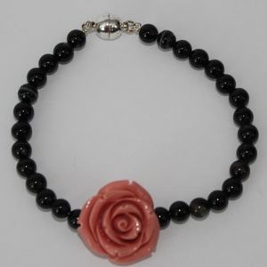 Black onyx bracelet peach rose silver plated